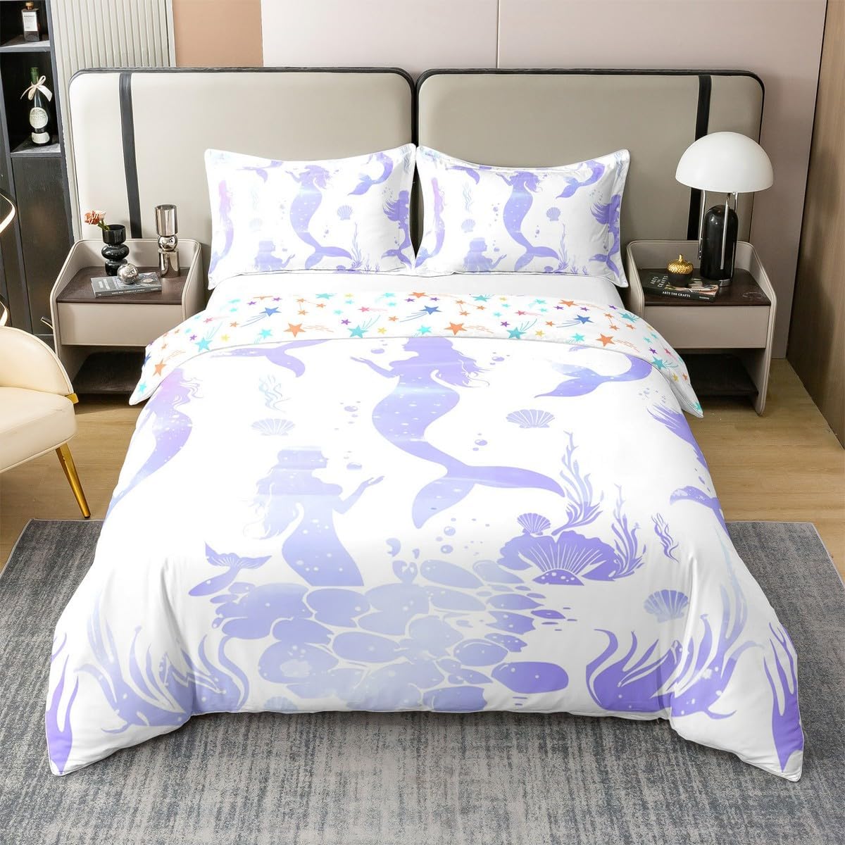 

Cute Mermaid Tail Duvet Cover Set Queen King Size Fairy Tale Themed Princess Bedding 3 Pcs For Girls Bedroom Decor Super Soft EU Single(135x200cm)