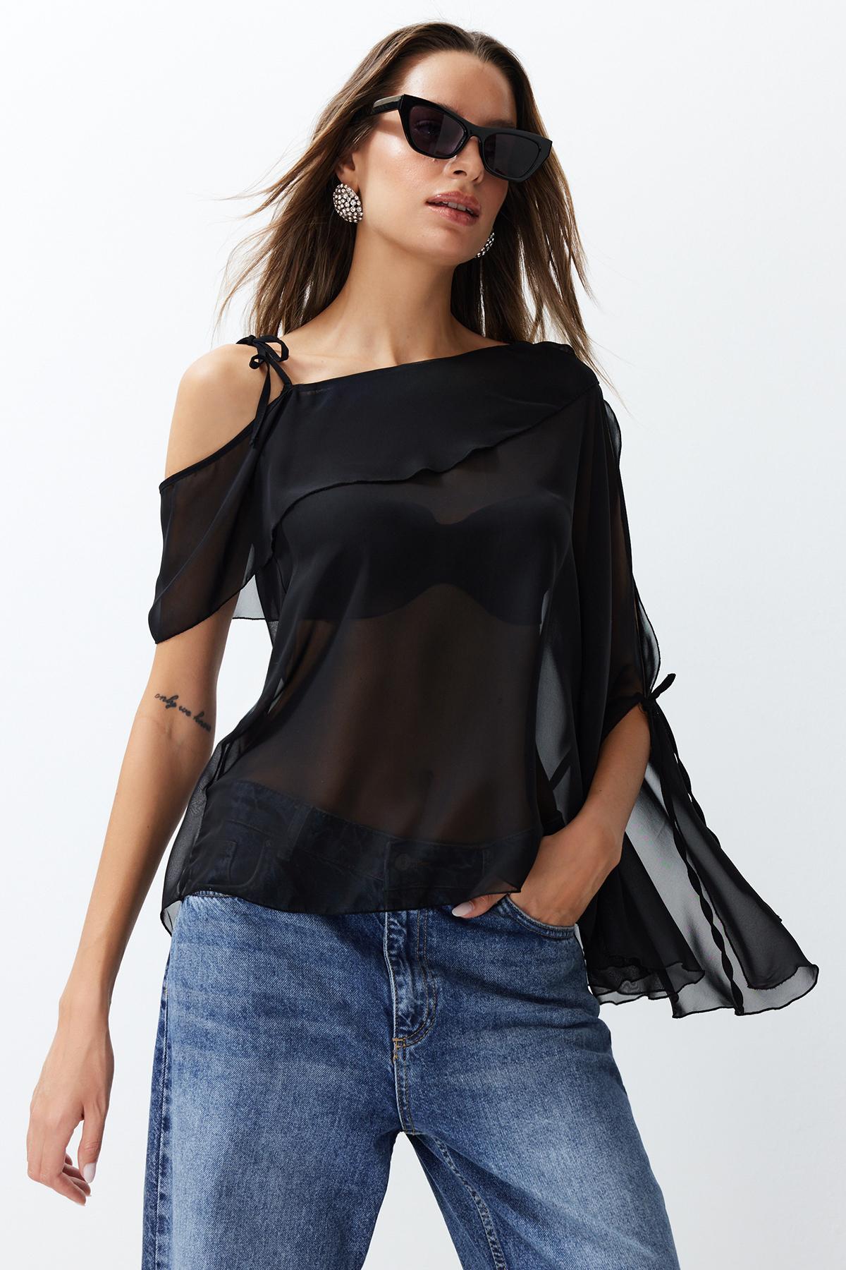 

Women s Style Blouse Black Sheer Chiffon Blouse XS
