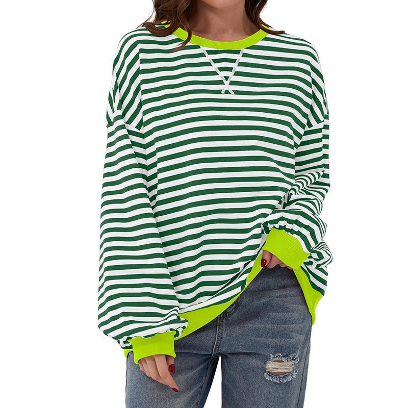 Loose Striped Long Sleeved Round Neck Women's T-shirt