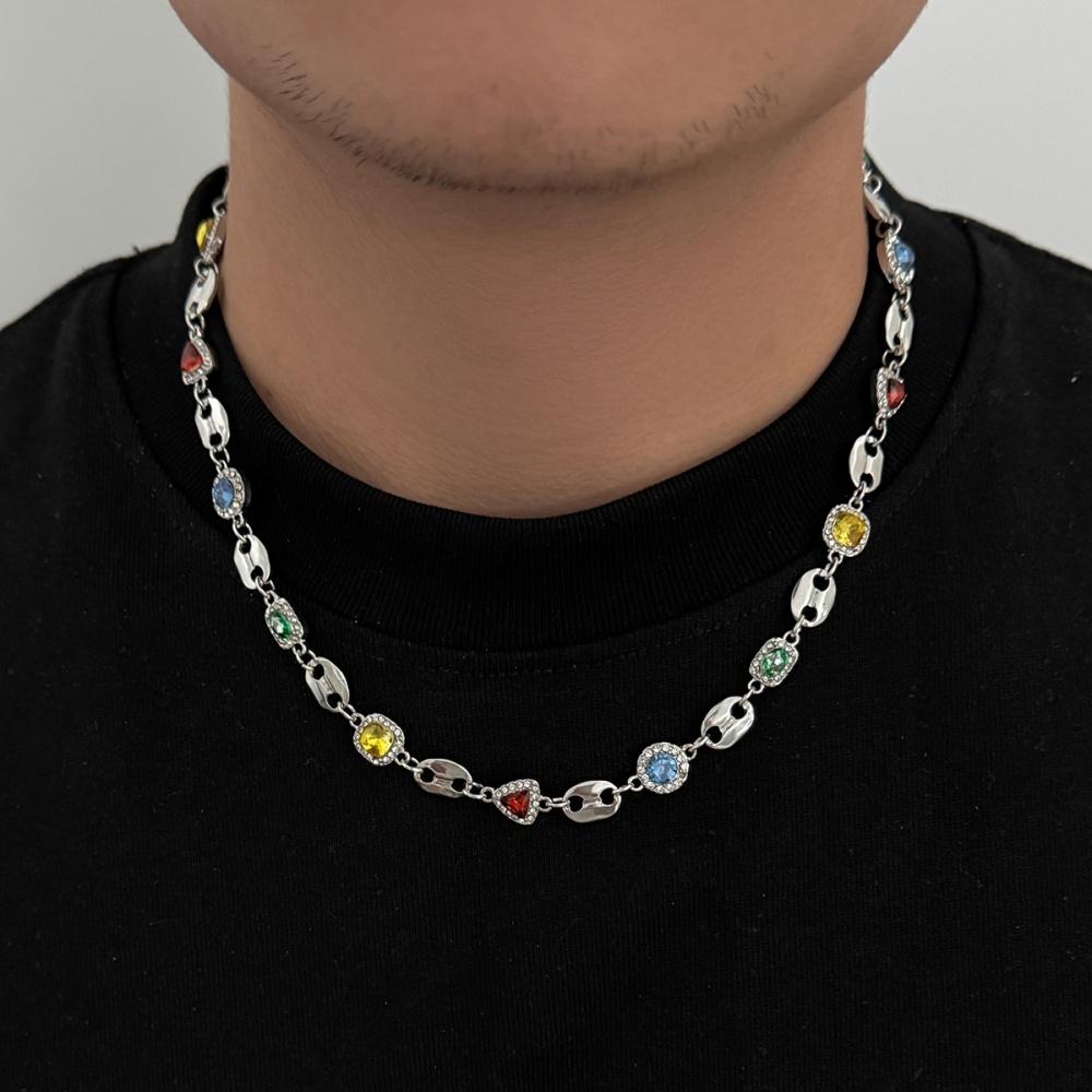 Y2K Multi Color Rhinestone Gemstone Necklace Bracelet Set for Men Trendy Male Collarbone Chain Accessories Fashion Jewelry Gifts