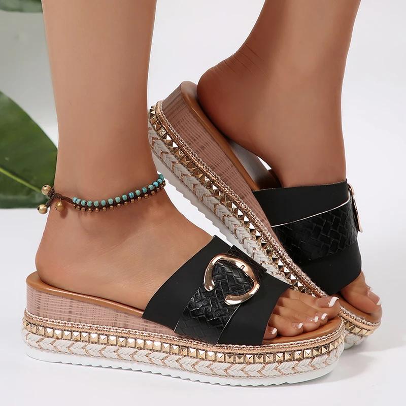 Metal Buckle Slip On Sandals Women Plus Size 43 Fashion Rivet Wedge Slides Women Metal Decor Platform Slippers Summer Sandalias