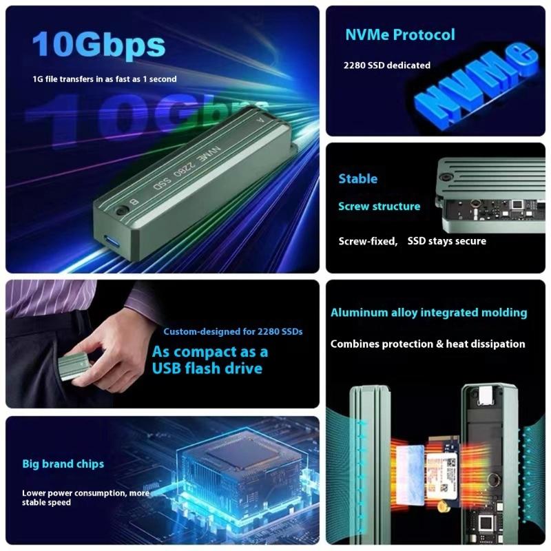 Portable M.2 NVME 2280 Hard Drive Case Double Bay Aluminum Shell Supports 10Gbps Transfer Rate Adapter For External Storage