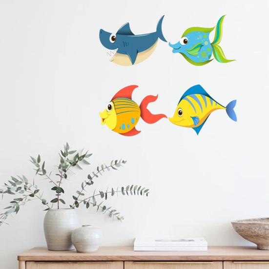 4 Pcs Wood Fish Nautical Wall Decor, Ocean Fish Shark Rustic Hanging Beach Decor, Cartoon Coastal Wall Art for Living Room, Nursery