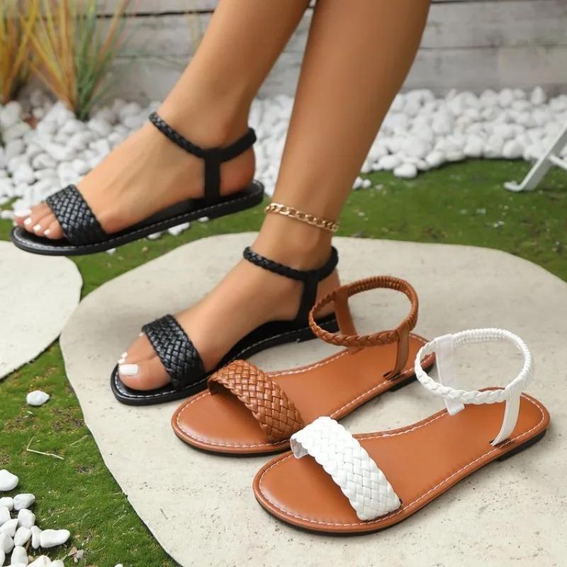 Women Casual Flat Sandals Braided Design Popular Brown Color Comfortable Everyday Shoes for Summer Wear