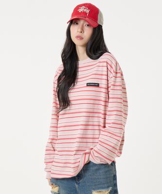UNKNOWN PLANET Ivy Multi-Stripe Round Long Sleeve T-Shirt Coral Pink