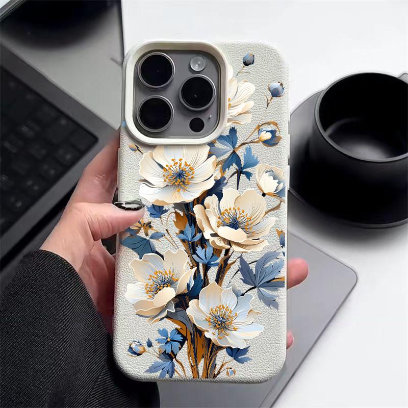 

Синий цветочный узор кожаный текстурный чехол для телефона iPhone 16 Pro 15 14 13 12 Pro Max ударопрочный матовый тонкий однотонный цветной мягкий чехол из термополиуретана с защитой от падений iPhone 11 бежевый