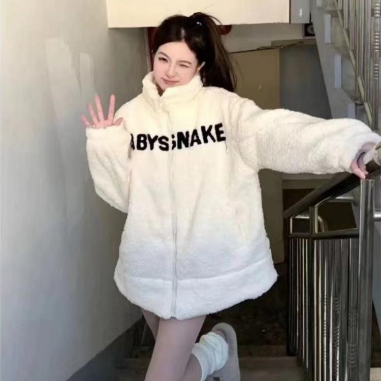 Korejská móda Letter Výšivka Lamb Fleece Coat Mikina Dámské Top Vintage Streetwear mikina na zip Oversized Dámská