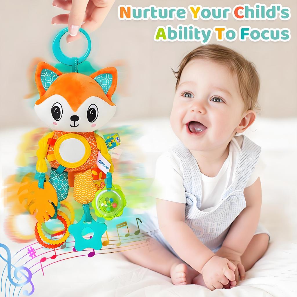 Crinkle Squeaky Plush Animal Toy | Multi-Sensory Hanging Activity with Teether | for Stroller Crib & Car Seat Development