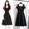 Women's Plus Size Cold Shoulder Cross Wrap A Line Midi Dress Solid Color High Waist Slim Fit Cocktail Party Swing Dress