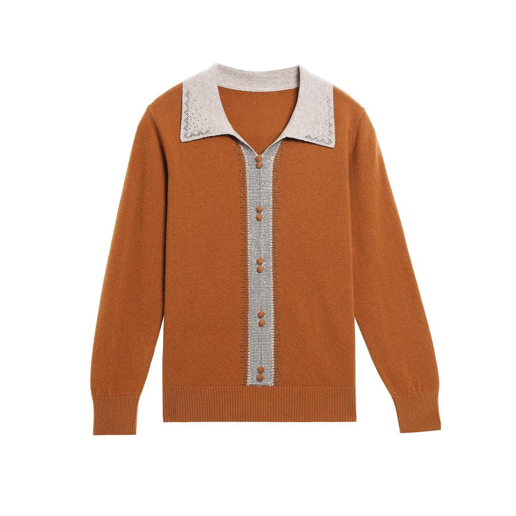 Women's Lapel Wool Sweater - Red, Warm, Stylish, Loose Fit for Middle-Aged & Elderly (Autumn/Winter Collection)