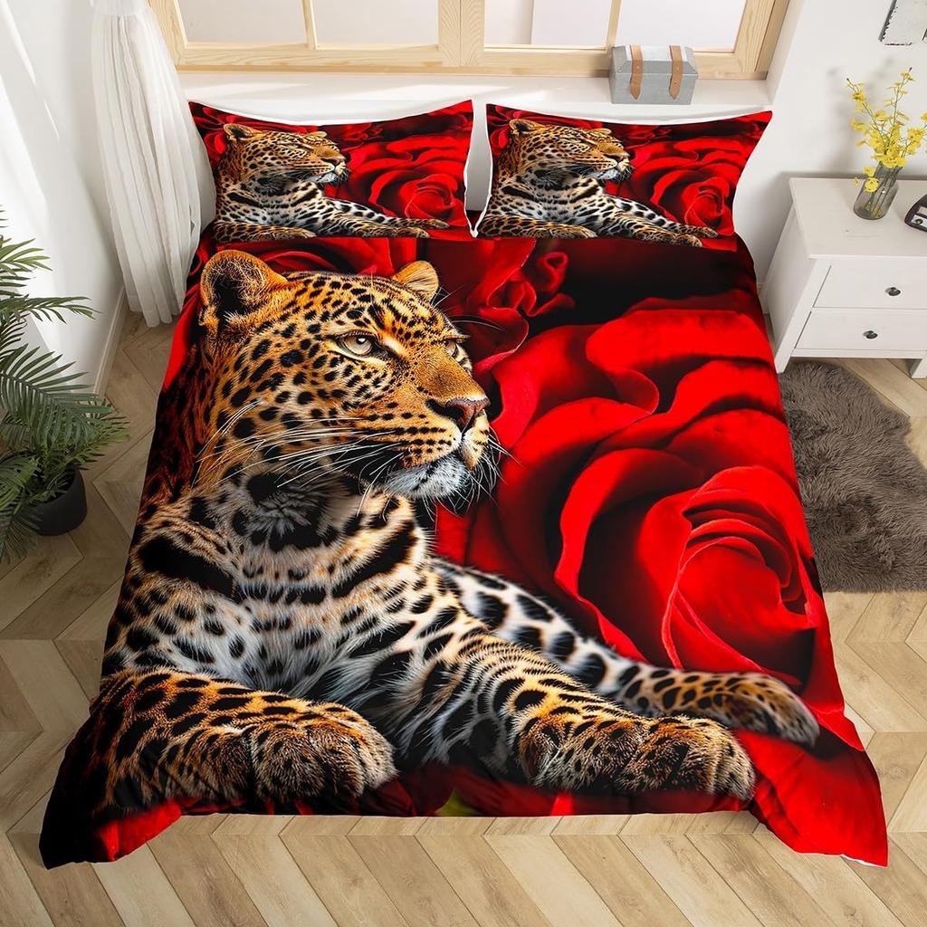 Leopard Bedding Set Wild Cheetah Comforter Cover Rose Romantic Floral Duvet Cover For Boys Girls Room Decor Twin Full Queen King