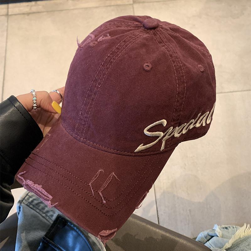 Embroidery Washed Old Denim Baseball Cap Female American Retro Hole Edging Soft Top Cap Wide Brim Showing Small Face