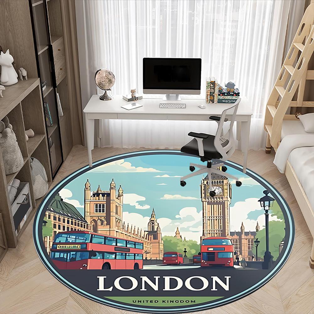1pc London Bus Office Round Area Rug, Indoor Mat Suitable ForOffice, Under Office Chairs Bedroom Living Room Home Decor, Room Deco, n50