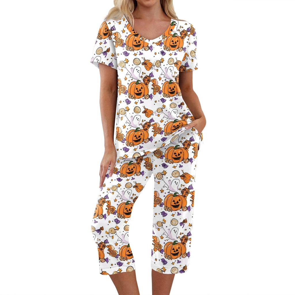 Women's Halloween Two-Piece Outfit Set - Casual Short Sleeve Top and Printed Pants, Comfortable Sportswear for Holiday Parties