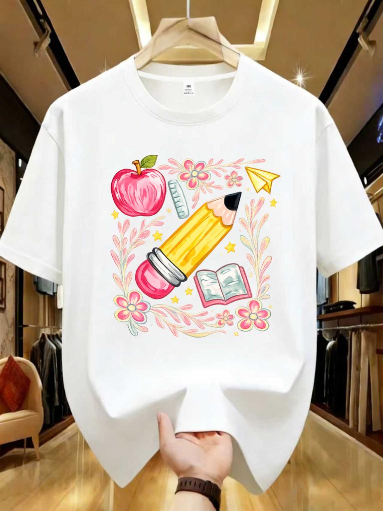 Wzm1041104creative Pencil Print Plus Size Unisexs Round Neck Summer Casual Short Sleeved Street Fashion Versatile Tshirt