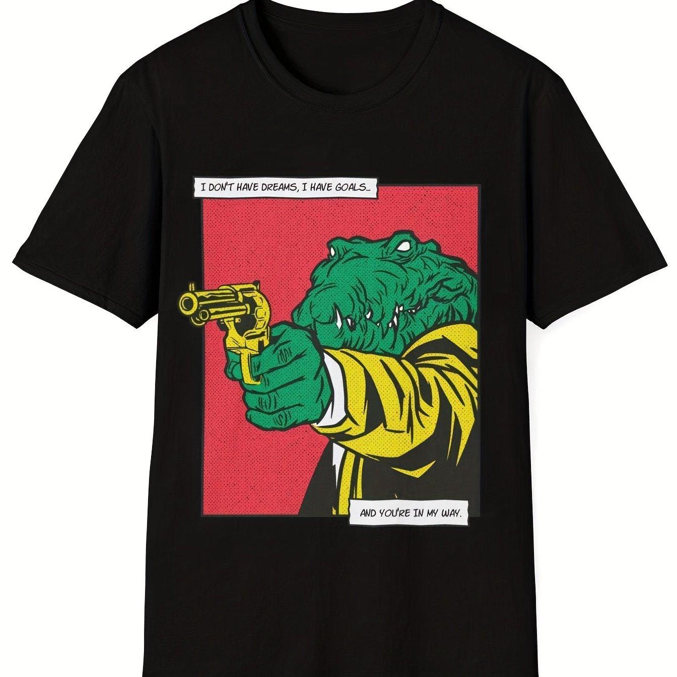 MenS Casual Crocodile Comic Print TShirt Black Knit Fabric Geometric Pattern Regular Fit Crew Neck Medium Stretch Unique Tee S