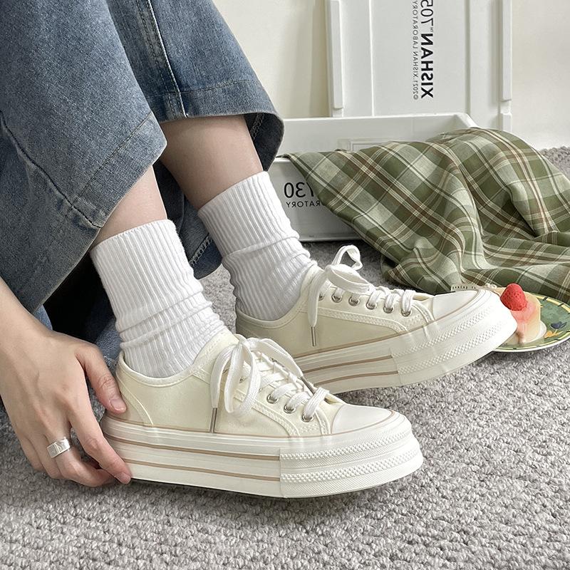 Cream platform canvas shoes women's 2025 new summer thin little white shoes versatile niche big head shoes student board shoes