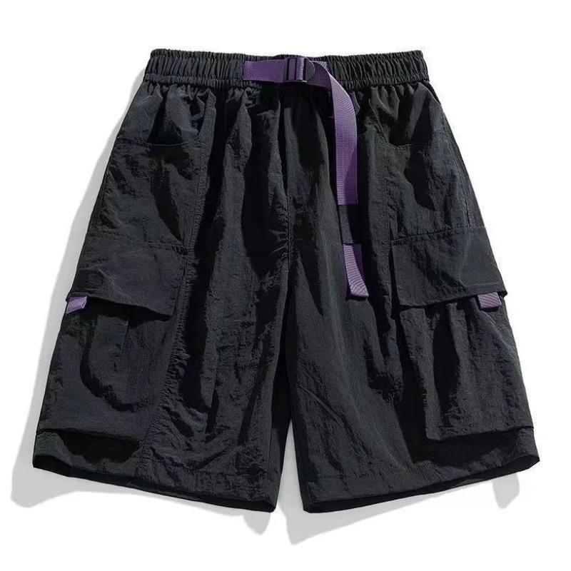 Black Cargo Shorts Pocket Design Adjustable Purple Belt Lightweight Fabric Casual Loose Elastic Waist