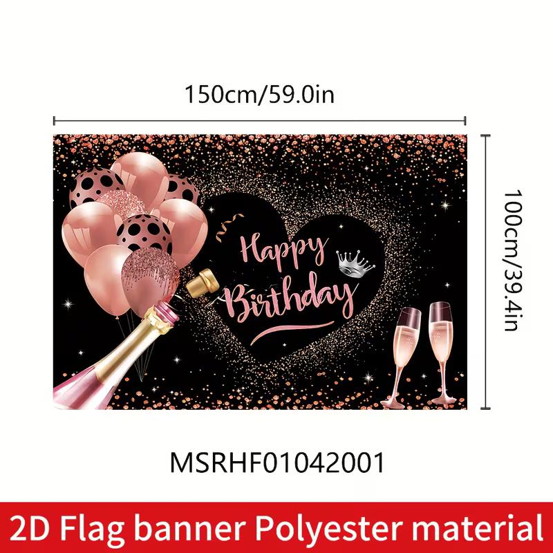 2D Black & Rose Gold Birthday Backdrop, Champagne Balloon Themed Photography Background