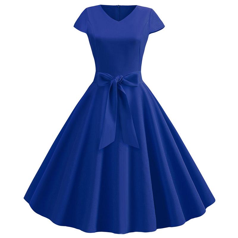 Damen Sommer Vintage Kleid Mit Gürtel Kurze Ärmel V-Ausschnitt Elegant Retro Schwingendes Partykleid