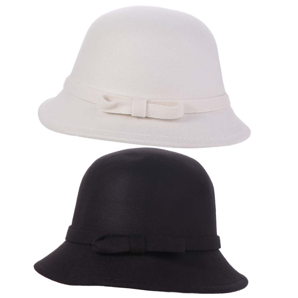 Solid Color Women's Bow Hat Autumn Winter Felt Bowler Hat Fashion Bow Tweed Hat  Famale