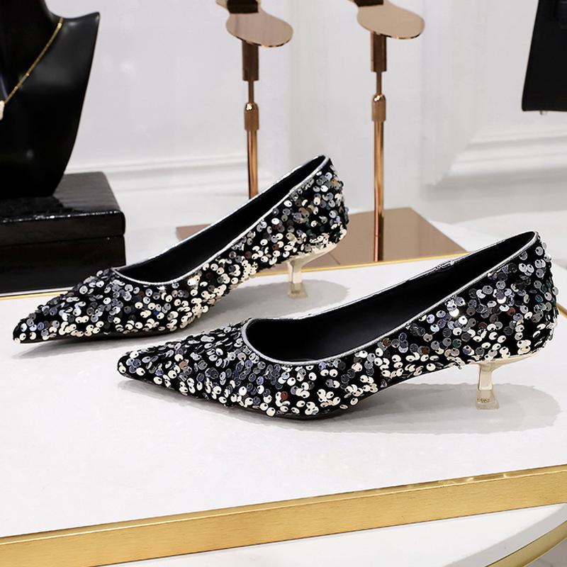 Shoes New Sequin Women's Shoes Sparkling Women Pumps Fashion Kitten Heels 4.5 Cm Low Heeled Luxury Banquet Shoes Size 43