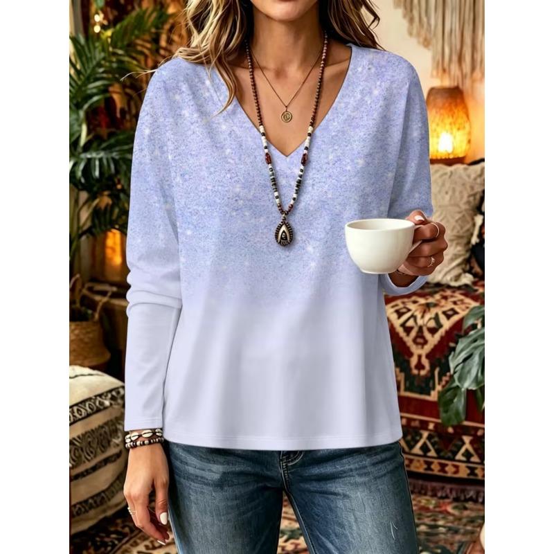 Autumn and Winter Women's Long-sleeved V-neck T-shirt
