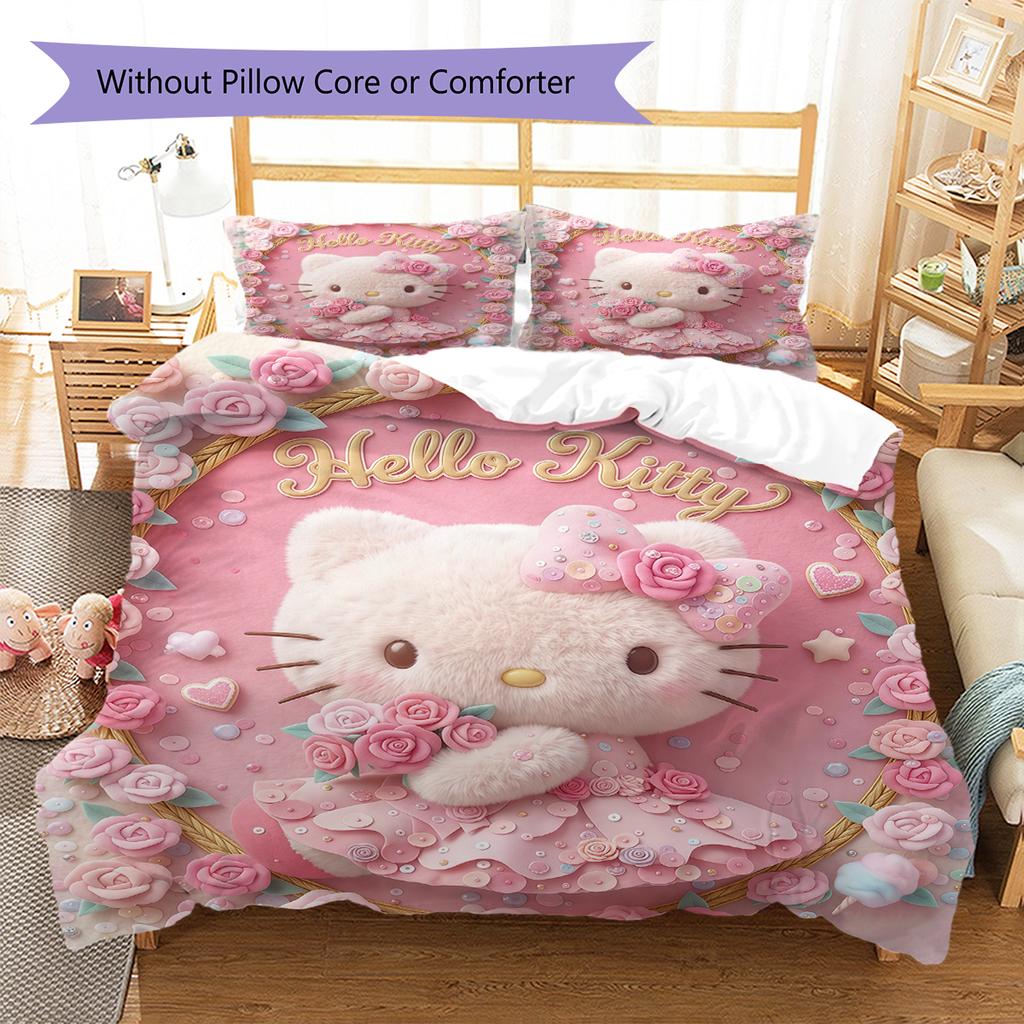 Hello Kitty Pink Pattern Bedding,Quilt Set Quilt Cover Pillowcase Home Birthday Gift(1 * duvet cover + 2 * pillowcase, without core)
