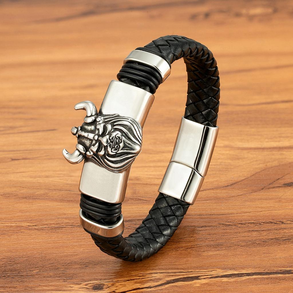Lion Design Leather Braided Magnetic Buckle Stainless Steel Bracelets Rope Weaving Bracelet for Men Jewelry Gifts Wholesale
