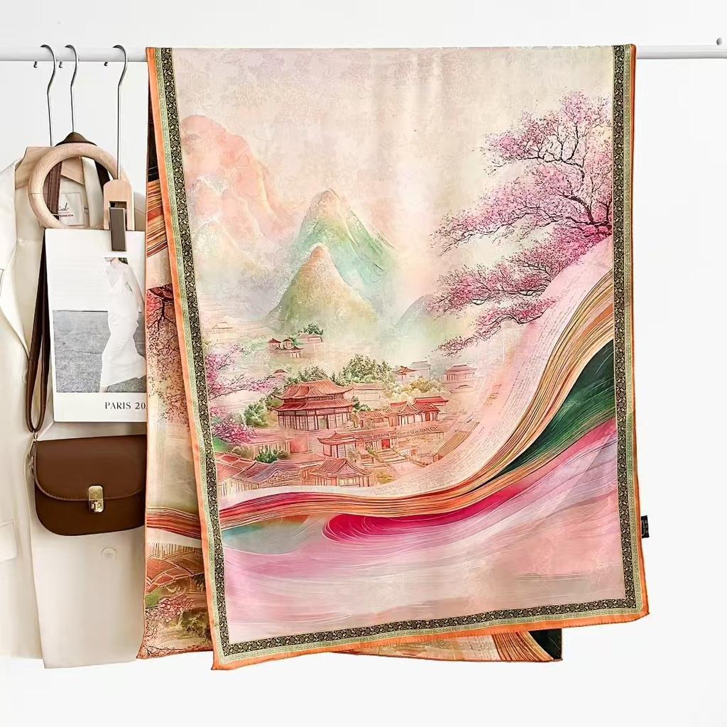 Double-Sided High-End Fragrant Cloud Yarn Long Silk Scarf Shawl 180 * 70 Retro Chinese Style Elegant Silk Scarf