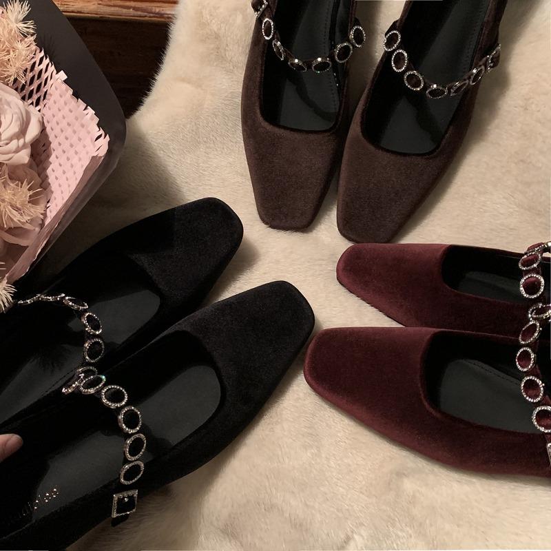 Sheepskin Version~ Square Head Shallow Mouth High Heels One-word Diamond Belt Low Heel Mary Jane Shoes Single Shoes Women