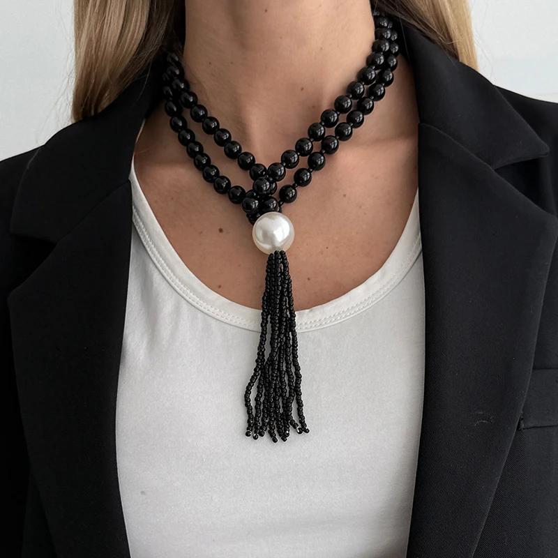 

Bohemian Beaded Fringe Necklace Women Layered Luxury Elegant Long Round Bead Collarbone Chain Accessory Vacation Party Wear Gift чёрный