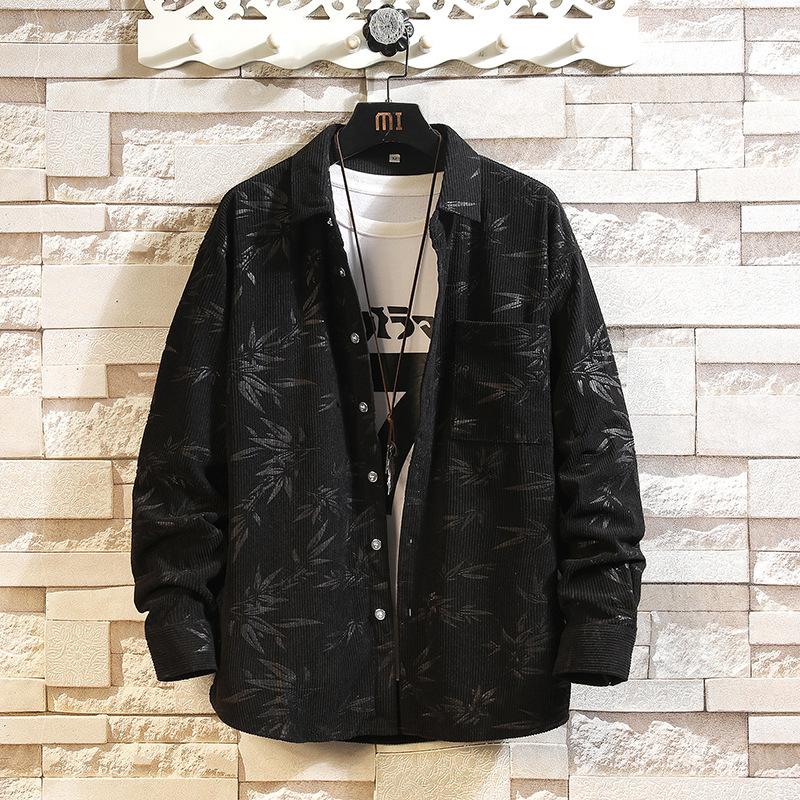 Men's Autumn and Winter New Large-size Corduroy Shirt Jacket Loose Printed Long-sleeved Shirt Men