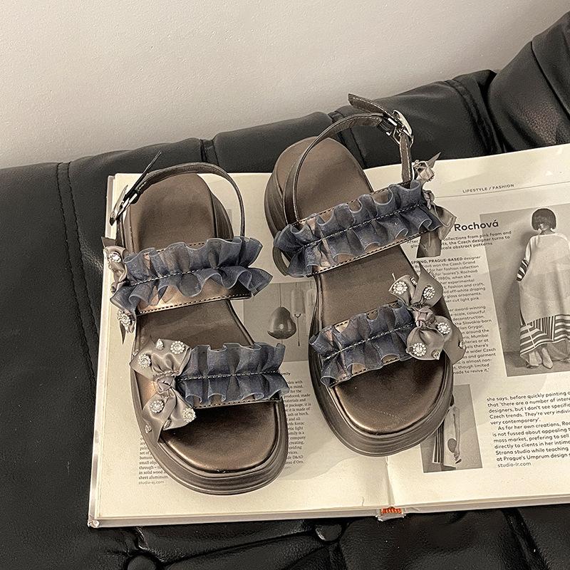 Gentle bow lace thick-soled cool slippers women's new skirt beach sandals