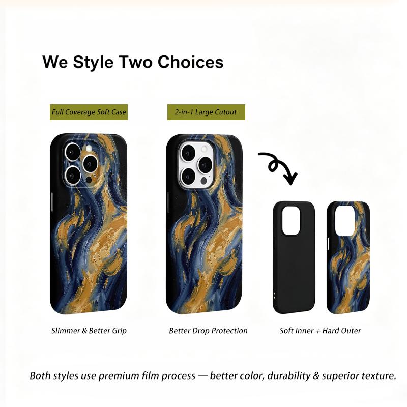 Luxurious Golden Blue Thick Oil Painting Abstract Swirl Fluid Art Film Aesthetic Protective Shockproof Bumper Case Cover For iPhone 14 15 16ProMaxPlus