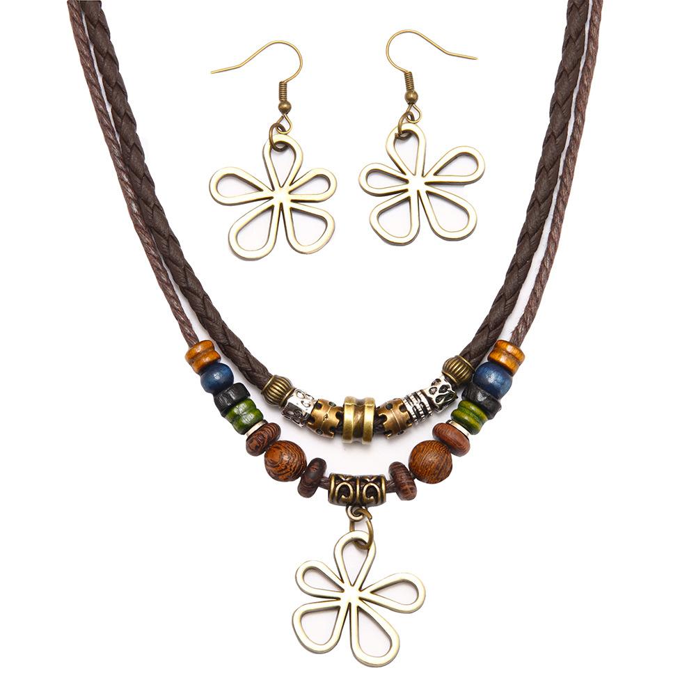 

Trendy Personality Bohemian Beaded Wax Rope Necklace Sweater Chain Fashion Earrings Necklace Set