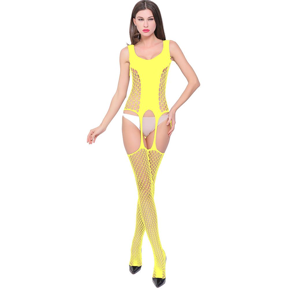 Black Fishnet Halter Bodysuit with Adjustable Suspender, See-Through Cutout Design, and Open Crotch.