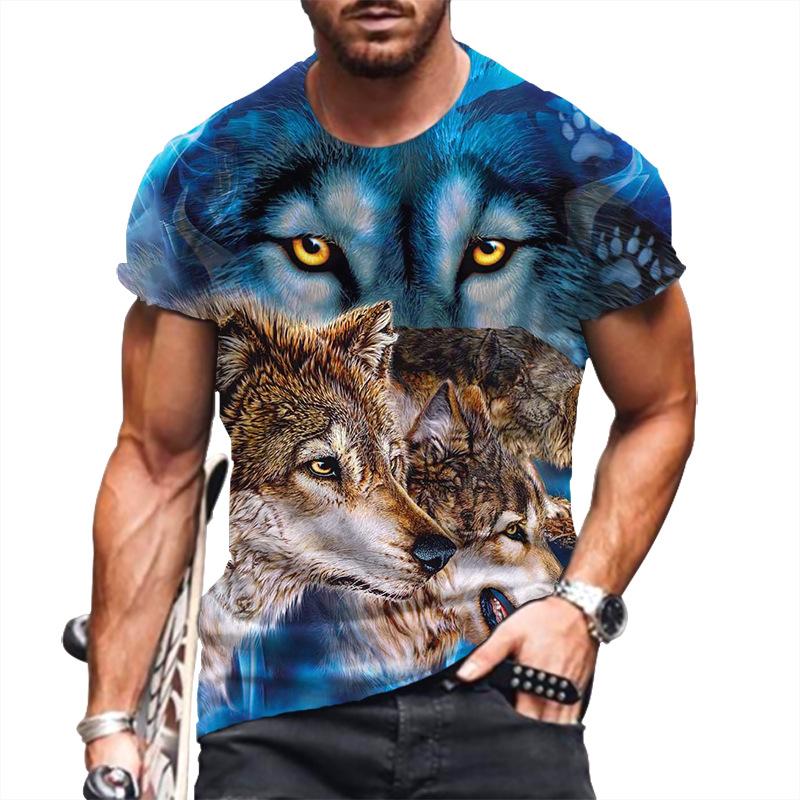 T-Shirt mit 3D-Buchstabendruck für Herren, Tier-T-Shirts, Wolf, große Größe, kurzärmelig, lässiges Oberteil für Herren