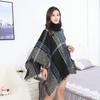 European and American High Neck Plaid Cape - Batwing Sleeve Knitted Pullover Shawl for Women