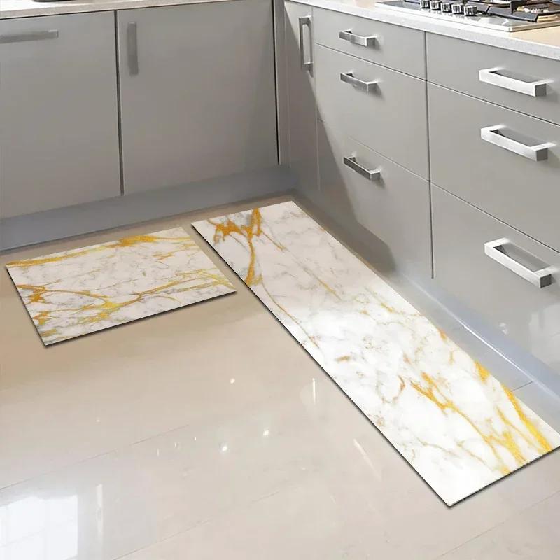 Kitchen Carpet Waterproof PVC Floor Mat Marble Pattern Leather Mats Modern Rug Anti-Slip Long Strip Area Rug Home Decor Rugs