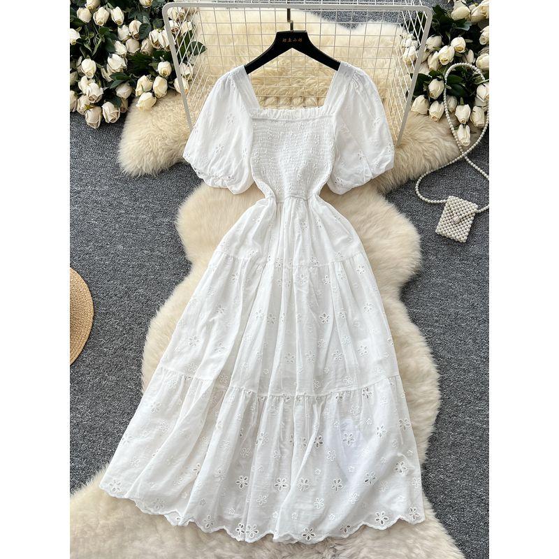 French style Gentle Chic Square Collar Puff sleeve Hollow Embroidery Dress Women Summer Waist Hugging Slimming A Word First Love Skirt