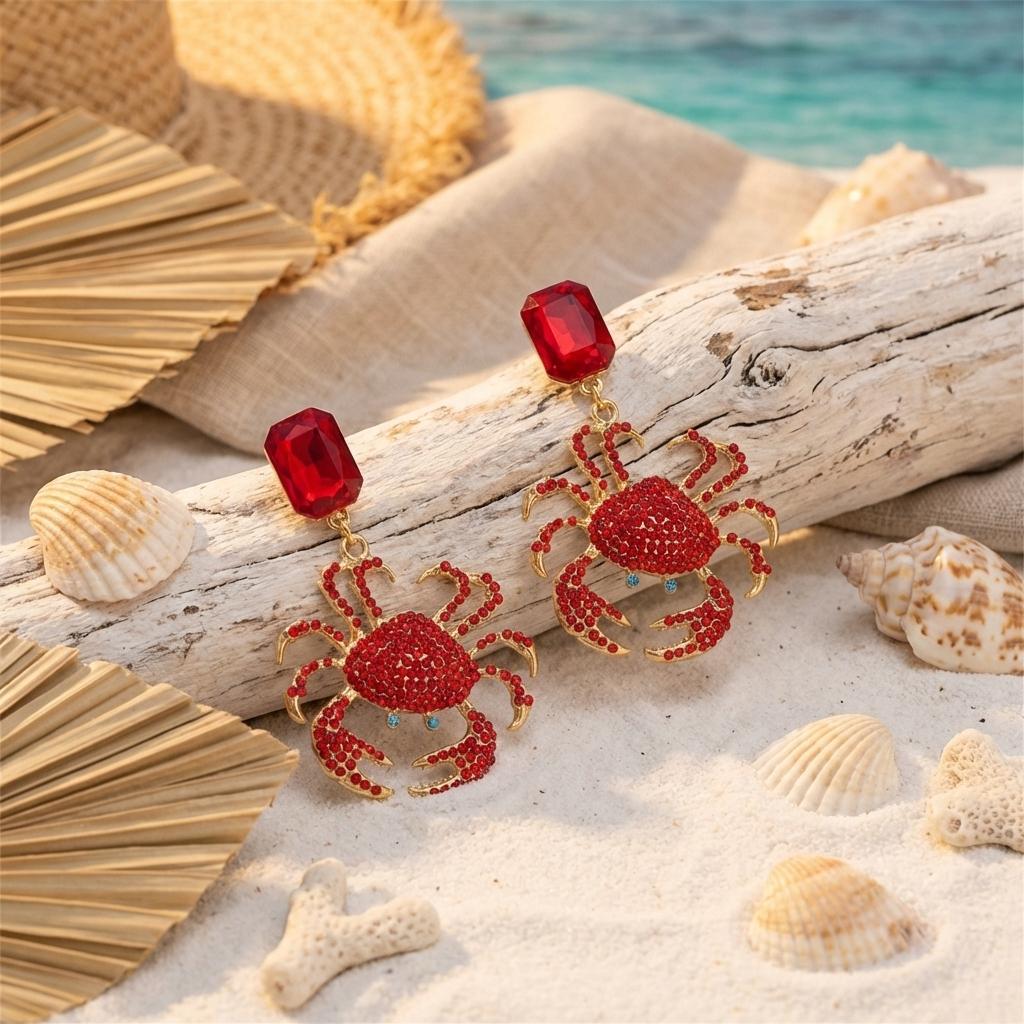 Light Luxury Full Rhinestone Crab Pendant Earrings for Women Exaggerated Sea Animal Earrings Summer Vacation Beach Jewelry