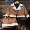 Mädchen Herbst PU Lederjacke + Kurzer Rock Kinderbekleidung Zweiteiliges Set