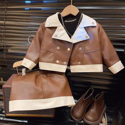 Girls Autumn PU Leather Jacket + Short Skirt Childrens Wear Two Piece Set