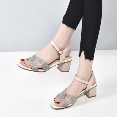 High-heeled Sandals Women's Shoes 2025 Summer Open-toed Square-heeled One-word Buckle Sandals Simple Rhinestone Mid-heel Cowhide Fairy Shoes