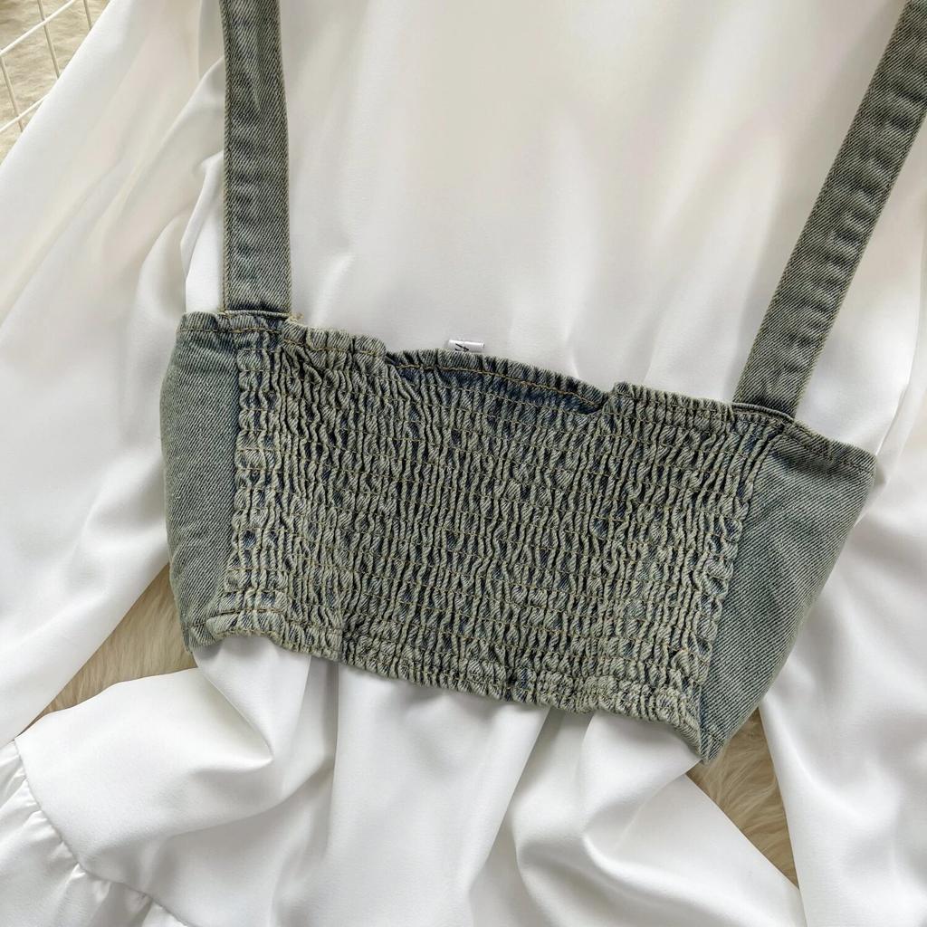 Koreansk Seriekläder Återupplivande Tvådelat Set Topp Retro Kort Jeansväst Trendigt Allmatchande Mellanlångt Skjortset