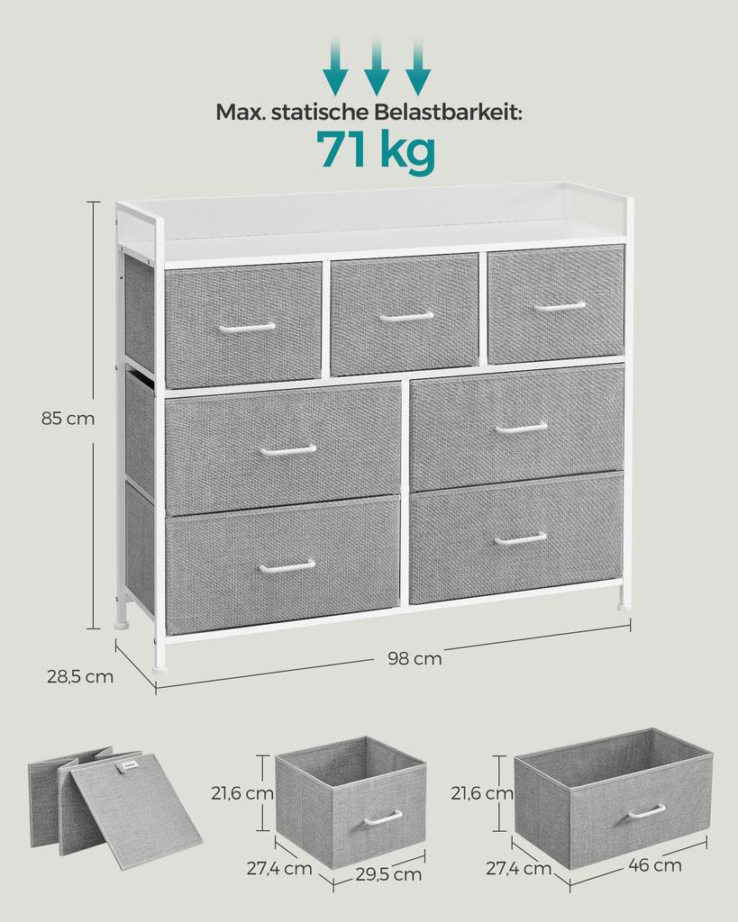 SONGMICS Chest of Drawers, Bedroom Cabinet, 7 Fabric Drawers with Handles, Metal Frame, Dove Grey and Cloud White