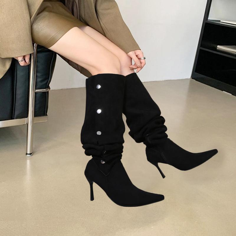 Suede Stack Boots Fall Winter 2026 French Pointed Toe Stiletto Heel High Heel Over The Knee Boots for Women