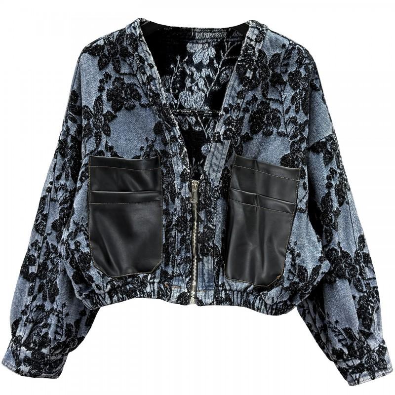 Womens Vintage Distressed Denim Jacket Loose Fit V-Neck Long Sleeve Floral Embroidered Streetwear Top 2026