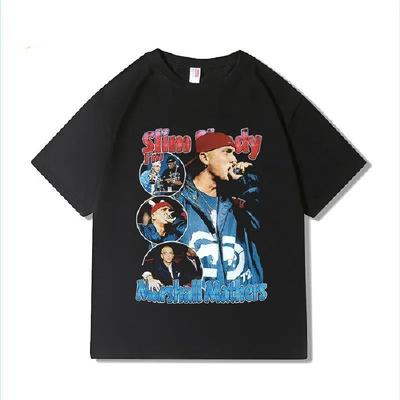 2025 American Rap Star Cotton T-shirt Eminem 8 Miles Series Printed Short-sleeved Full Neckline Retro Casual Women and Men